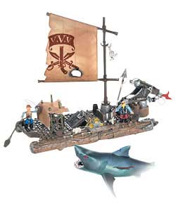 Watch out for the fearsome giant shark with attack jaw trigger. This raft includes a harpoon