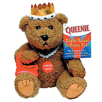 This is a very popular novelty. Press teddy`s tummy to hear the queen speak