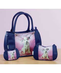 Set contains stylish black handbag, cosmetic bag and coin purse, all featuring Daysha the Dalmatian.
