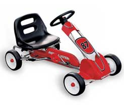 Very stylish little red pedal car with a beautiful chromed frame.Easy adjust seat. Chain draive and