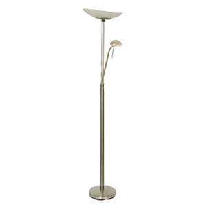 Combined floor lamp and task lamp with a matt nickel finish and curved white shades.