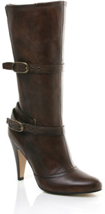 Leather calf-length boot with two buckled straps. The Randil boots have a high stack heel and pointe