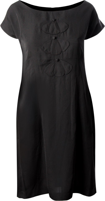 Boat neck shift dress with button and stitching detail.