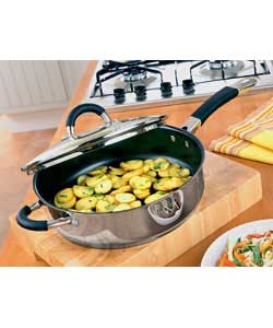 0.6mm gauge. 4mm aluminium impact. Non stick. Heat tempered lid. Dishwasher safe. Suitable for gas, 
