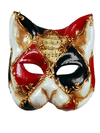 This Venetian cat mask is divided into sections by a criss-cross of golden scroll designs, the secti