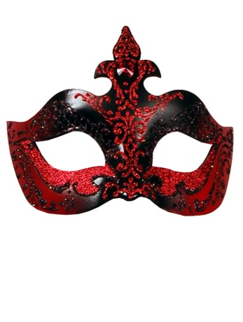 The colouring on the Venetian mask is striking, black and red glitters form an intricate lattice of 