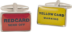 Brilliant football themed glossy cufflinks, one red with the text `Red Card, Send Off`, the other ye