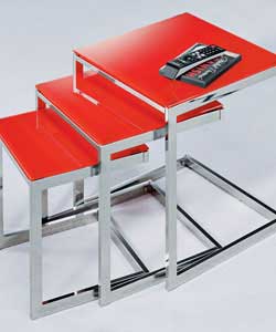 Size of largest table (L)40, (W)40, (H)44.5cm.Chrome frames and red glass tops.Weight 9.8kg.Self ass