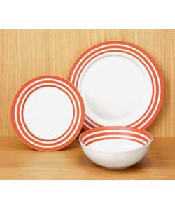 4 place settings. Porcelain rim with a red stripe design. Set includes 4 dinner plates, 4 side plate