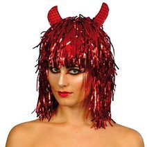 RED TINSEL WIG WITH HORNS