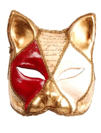 This Venetian cat mask is divided into sections by a criss-cross of golden braid, the sections are f