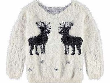 Baby its cold outside! Drop shoulder knit jumper in a fluffy eyelash yarn with an intarsia knitted reindeer design at front. Jumper Features: Washable 100% Polyester Length approx. 64 cm (25 ins)