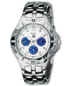 Quartz analogue movement. Silver dial with blue eyes.Uni directional rotating bezel.Stainless steel