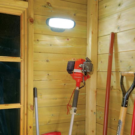 Light sheds  garages and greenhouses with a safe and easily installed solar powered light. Comprises