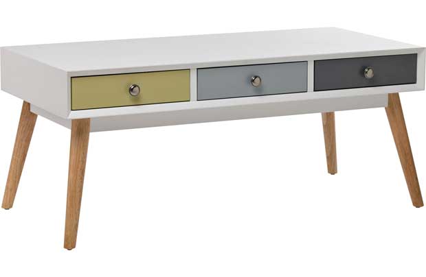A coffee table from the Retro Style is just what you need to complete your living room. The tables simple and colorful design of drawers bring new feel. Includes 6 drawers for even more storage space. This item will update the look to your living roo