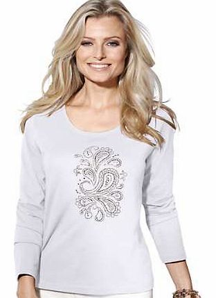 Casual top jazzed up with lovely, shimmering rhinestone appliqué on the front. Featuring long sleeves and round neckline for added comfort. Top Features: Long sleeves Round neck Fitted design Delicate wash max. 30C 50% Modal, 50% Cotton Length appr