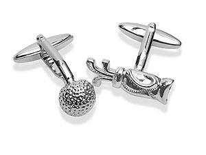 `A fully detailed, tiny golf bag and ball feature on these rhodium plated swivel cufflinks`