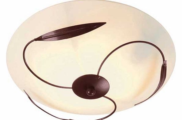 This great-value ceiling light features a gold frosted glass shade with chocolate leaf accents. Drop 13.5cm. Diameter 28cm. Can be used with a dimmer switch. Suitable for use with low energy bulbs. IP rating 20. Requires wiring. Bulbs required 1 x 46