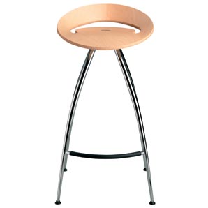 Attractively curved bar stool with lacquered chrome legs and foot rest and sculpted beech laminated 