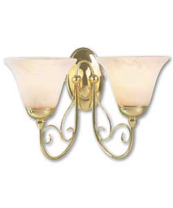 Polished brass finish with scroll details and white alabaster effect bell glass shades.Size
