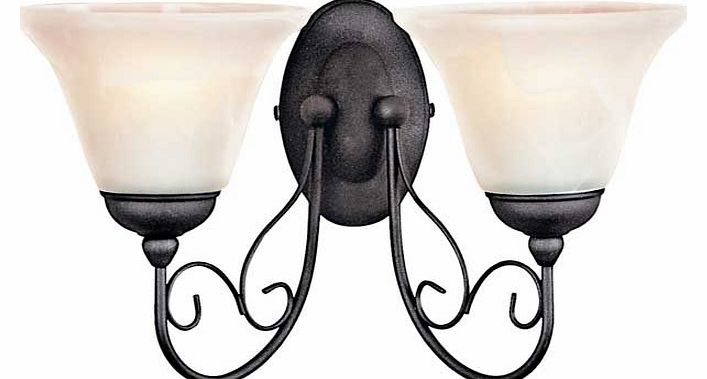 Rina is a double wall light with 2 frosted white alabaster bell glass shades and features a decorative scroll design with a textured black finish. Size H21. W22. D19cm. Suitable for use with low energy bulbs. Bulbs required 2 x 46W SES eco halogen or