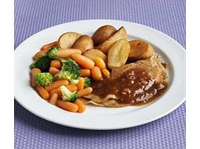 Two succulent slices of roast pork in a delicious gravy made with apples and cider. Served with a generous helping of roast potatoes, broccoli and carrots.