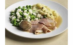 Slices of tender turkey breast and gammon in a rich gravy with sage and onion stuffing. Served with cauliflower, peas, and spring onion mashed potato.