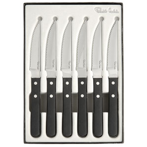 Set of 6 steak knives with stainless steel blades and black synthetic handles. Robert Welch R.D.I., 