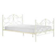 This 4` 6` white metal double bedstead has metal framed sprung slats and vertical rails for