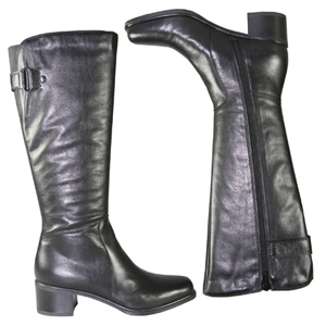 A knee length boot from Jones Bootmaker. With decorative strap and metal loop detail around back of 