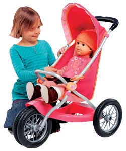 A wheel metal framed pushchair with canopy and handy storage compartment underneath. Doll not includ