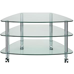 Three thick glass shelves are supported by a robus