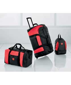 Wheeled holdall set.Colours black and red.Material polyester.Soft.2 corner wheels on holdall.Retract