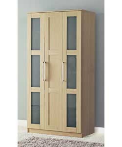 Size (H)199.5, (W)101.7, (D)50.5cm. Oak effect wardrobe with 1 plain door and 2 frosted glass doors.