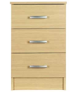 Size (H)58.5, (W)37, (D)35.2cm. Oak effect chest of drawers. Metal handles with silver coloured fini