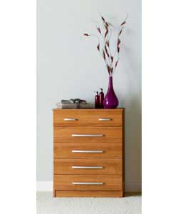 Size (H)90.5, (W)70.6, (D)40cm. Walnut effect chest of drawers. Metal handles with silver coloured f