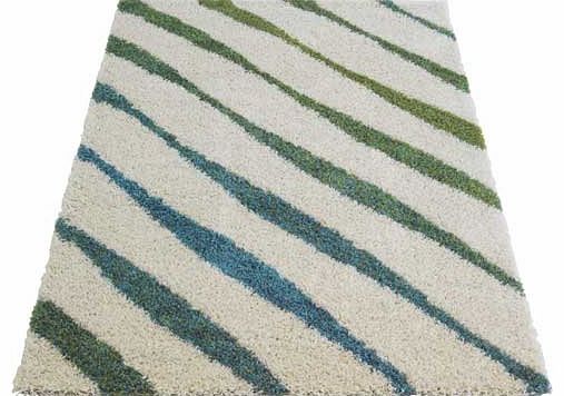 Modern ribbon stripe design rug. woven with a heat set soft touch polypropylene shaggy pile. Suitable for all areas of the home and also suitable for surface shampoo clean. 100% polypropylene. Woven backing. Size L170. W120cm.