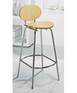 Bar stool with a chrome and metal frame and a natural coloured bentwood seat pad and