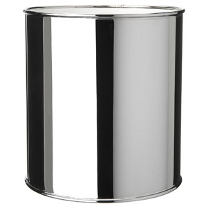 Plain chrome-plated cylindrical wastepaper bin with a removable plastic liner