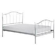 This 4` 6` silver effect metal double bedstead has wooden slats and vertical tubular rails. Self