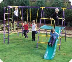 Lots of play and exercise squeezed into a small area. Double swing, slide, climbing bars, play