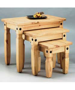 Size of largest table (L)66, (W)41.5, (H)54cm.Solid pine tables with black nails.Weight 17.5kg.Self 