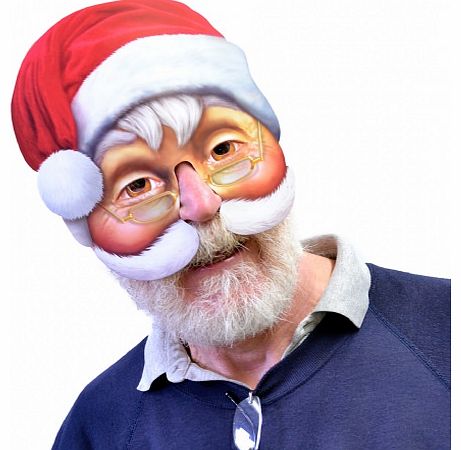 Santa Mask This Santa Mask is a half mask made of high quality card stock, printed with waterproof inks! It measures around 20 cm x 22.5 cm and has an elastic strap on the back. This fits teenagers and adults and makes a great party accessory and Sec