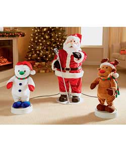 Interactive dancing and singing band, 90cm Santa, 51cm Reindeer and 53cm Snowman.Watch them sing
