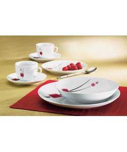 4 place settings.Set contains 4 dinner plates, 4 salad plates, 4 soup bowls, 4 teacups with