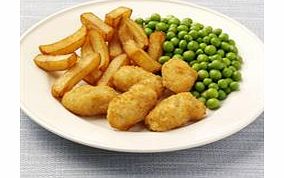 A traditional combination of breaded wholetail scampi, chips and peas.