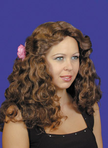 A very pretty wig, parted in the centre and fastened to either side with a flower. Also available in