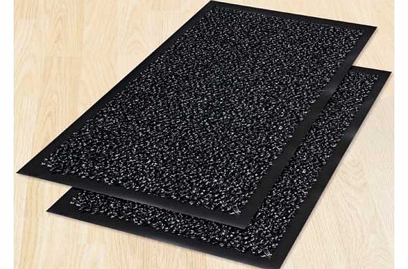 This great-value twin pack of charcoal coloured doormats have a dual functionality. The cotton absorbs moisture and the nylon bristles are for scraping. 70% cotton. 30% nylon. Non-slip backing. Sponge clean only. Size L60. W40cm. (Barcode EAN=5012679