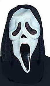 White scream mask with fabric hood and cowl. This mask is also available with a cape attached.