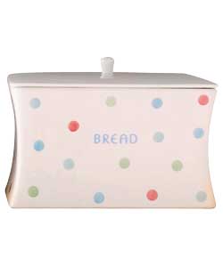 Ceramic bread bin.  Cream with handpainted multi-spot. Lift off ceramic lid.  Handwash only.  Size (